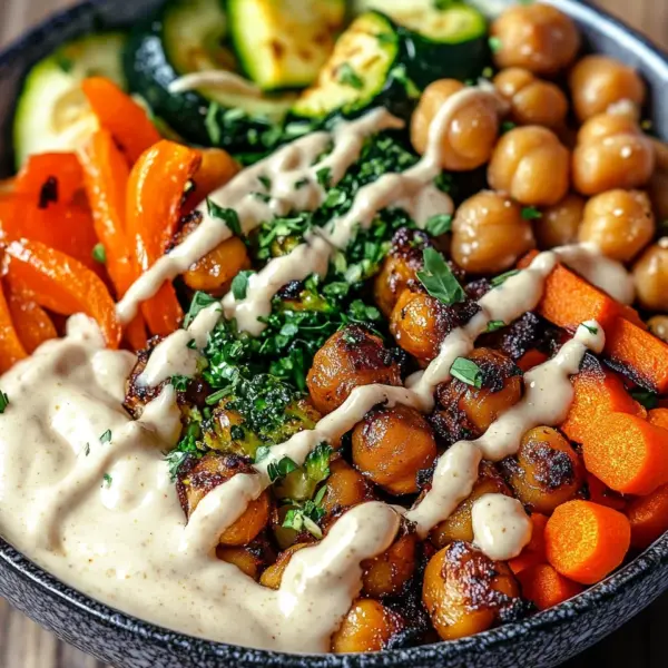 Bowl mit geröstetem Gemüse und Kichererbsen mit Tahini-Dressing