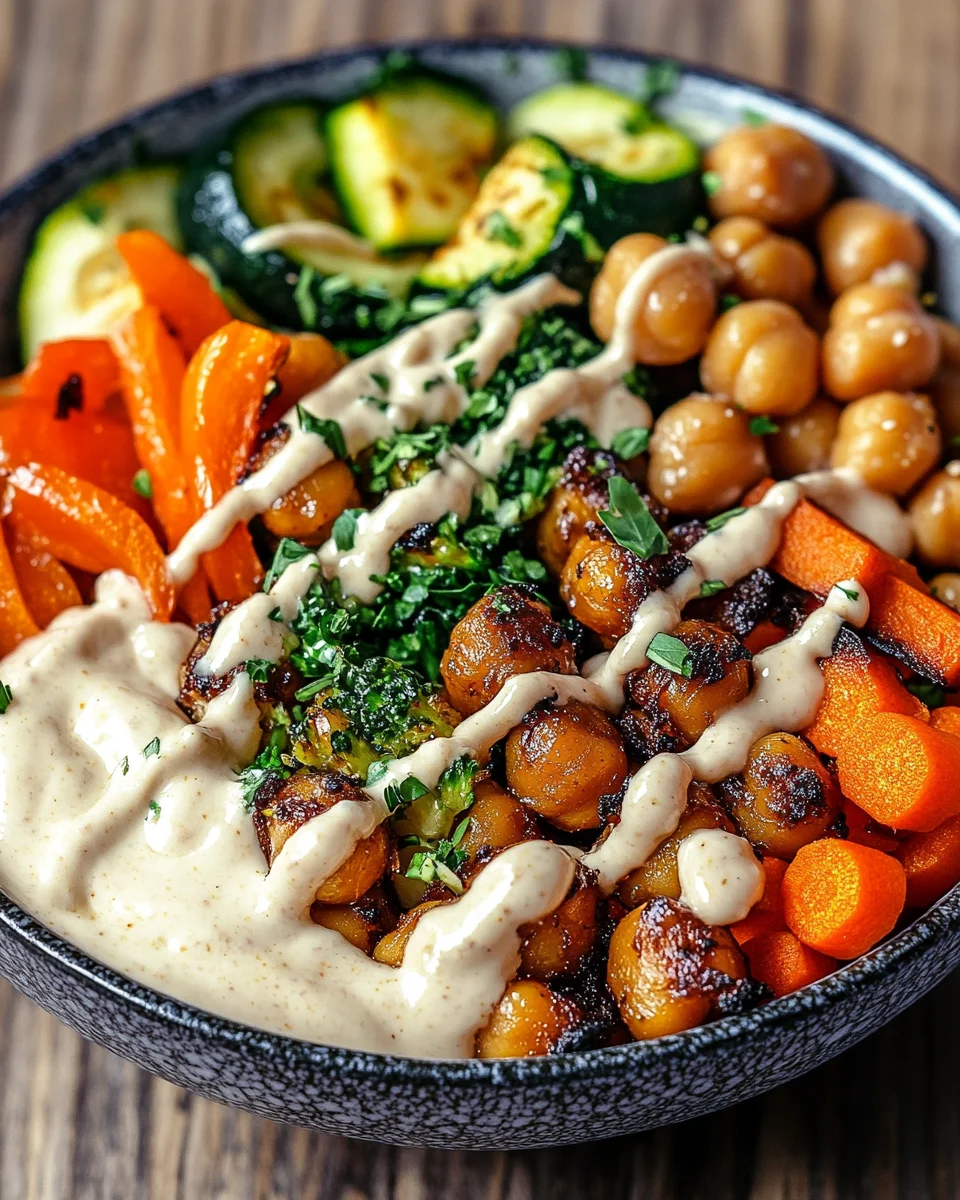 Bowl mit ger&ouml;stetem Gem&uuml;se und Kichererbsen mit Tahini-Dressing
