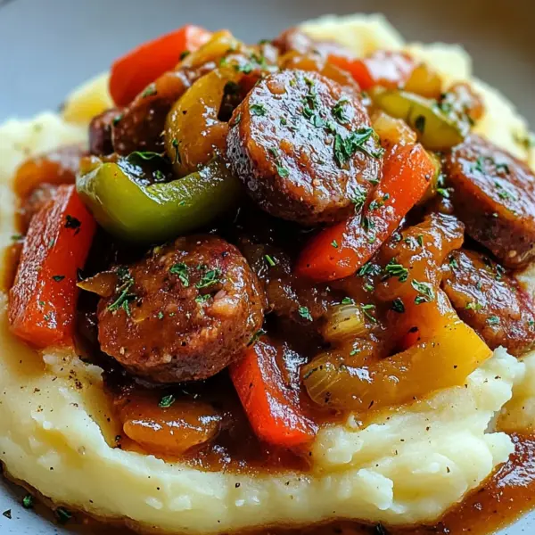 Cremige Wurst und Paprika auf Kartoffelpüree