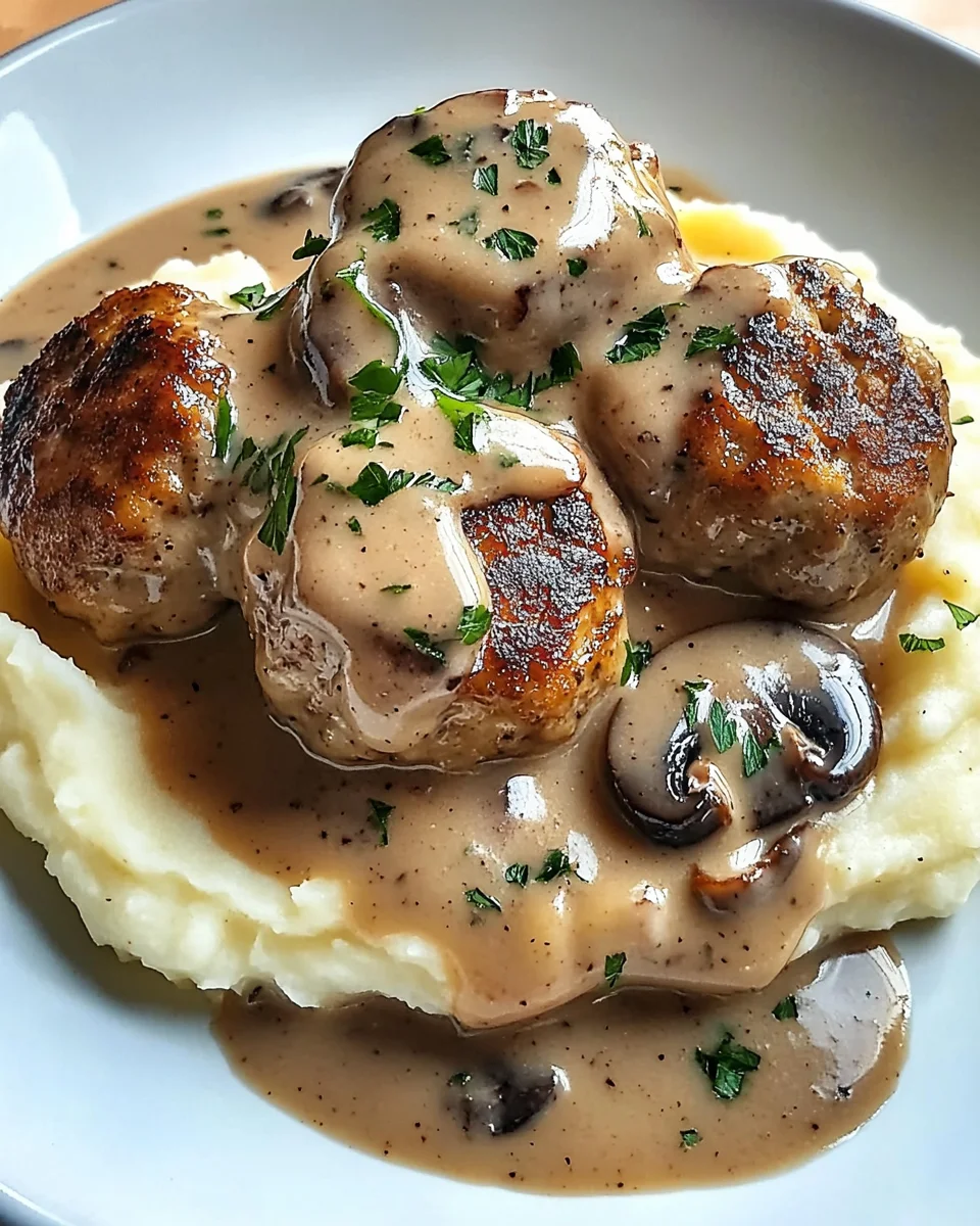 Fleischb&auml;llchen mit Kartoffelp&uuml;ree und Champignonrahmsauce