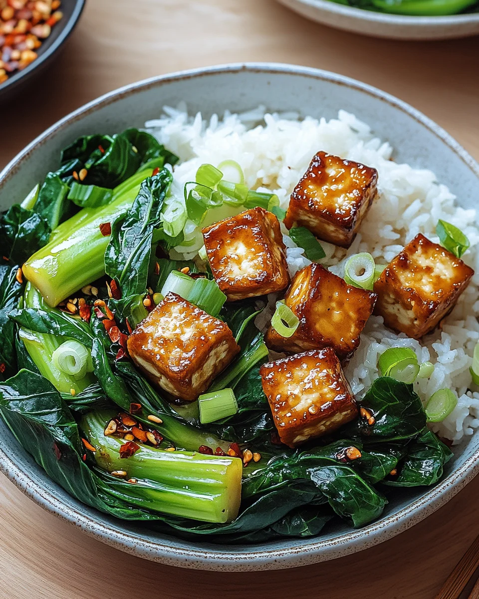 Gebratener Pak Choi mit knusprigem Tofu und Reis