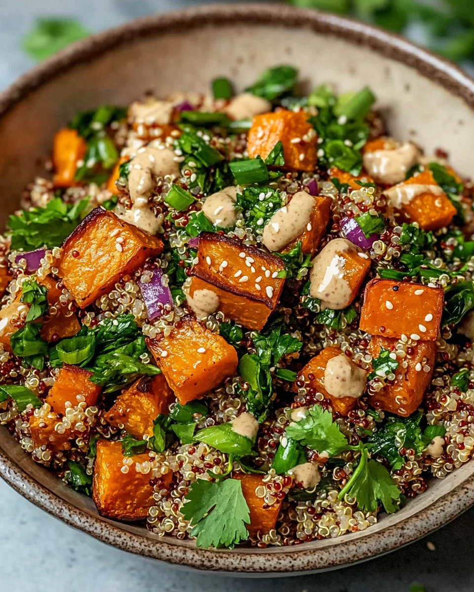 Ger&ouml;steter S&uuml;&szlig;kartoffel-Quinoa-Salat mit Sesam-Miso-Sauce