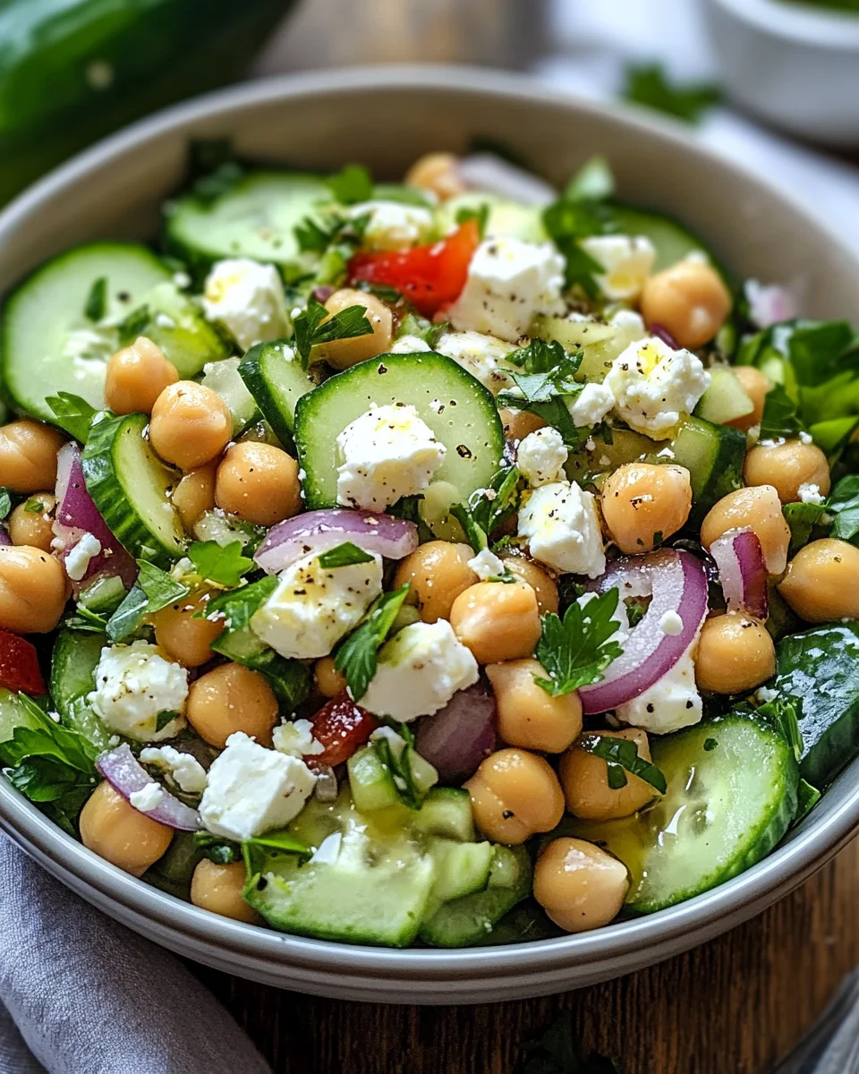 Gurkensalat mit Feta und Kichererbsen