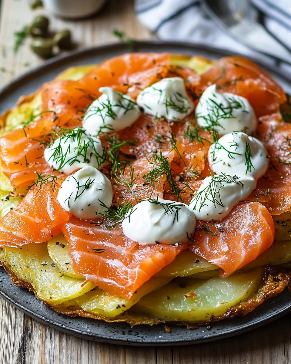 Knusprige Kartoffelgalette mit Räucherlachs und Crème Fraîche 19 Knusprige