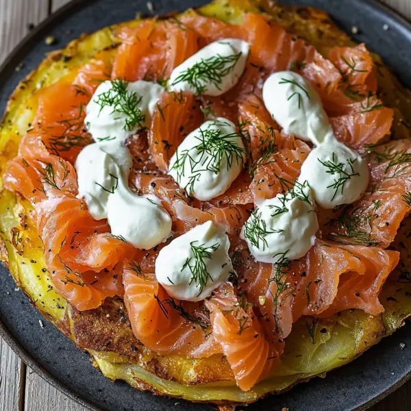 Knusprige Kartoffelgalette mit Räucherlachs und Crème Fraîche