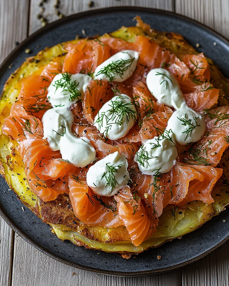 Knusprige Kartoffelgalette mit Räucherlachs und Crème Fraîche