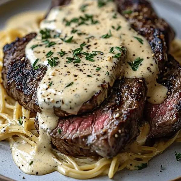 Pikantes Steak Gorgonzola Alfredo mit cremiger Parmesan-Soße