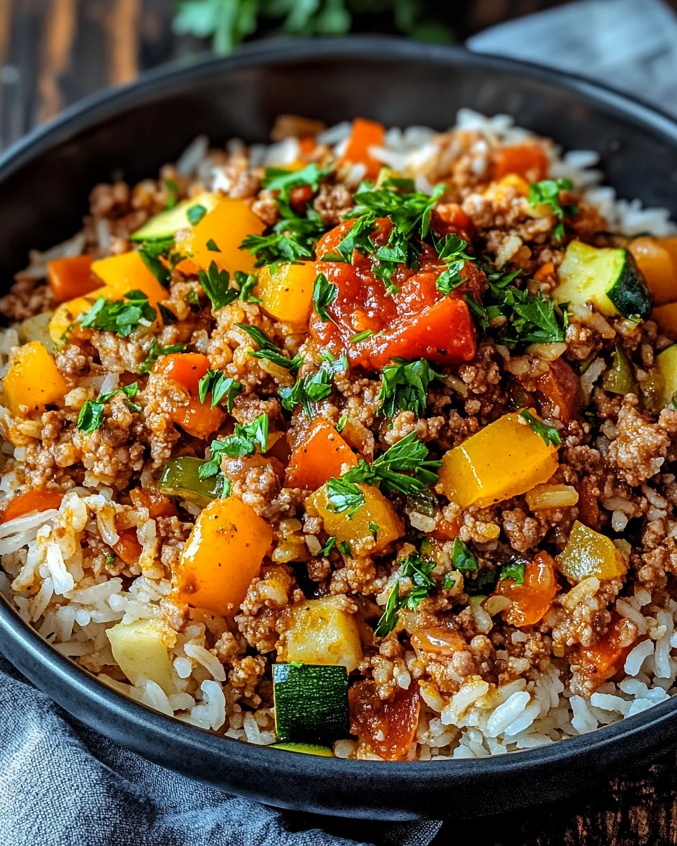 Reis-Hackfleisch-Pfanne mit Ajvar und Gem&uuml;se