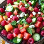 Sommersalat mit Melone, Gurke und Himbeeren