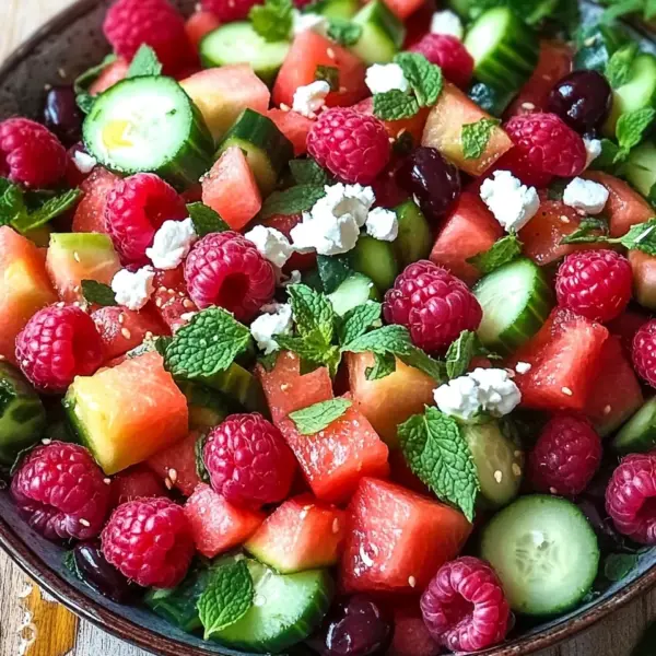 Sommersalat mit Melone, Gurke und Himbeeren