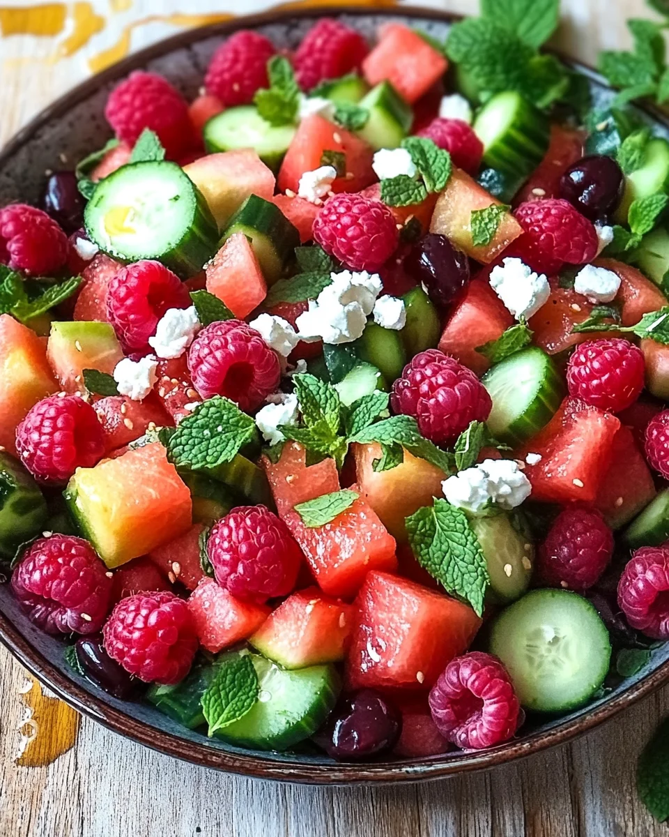 Sommersalat mit Melone, Gurke und Himbeeren