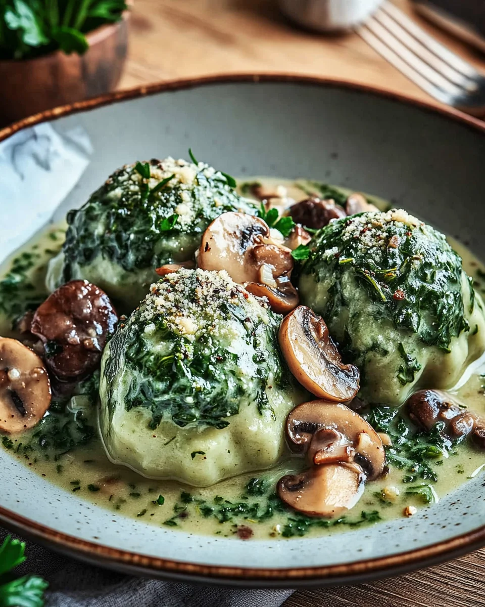 Spinat-Kn&ouml;del mit Pilzragout