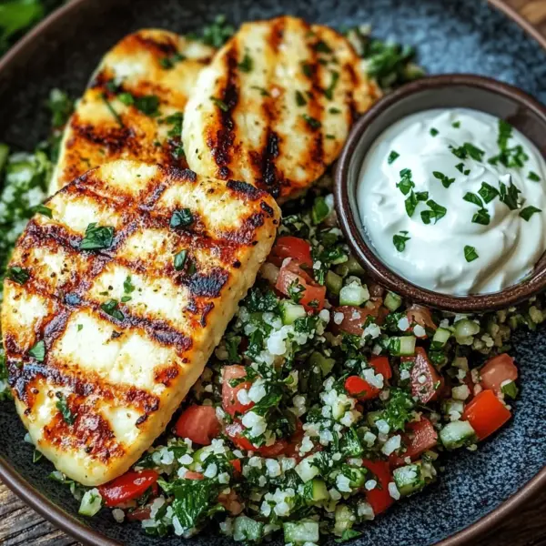 Würziger Halloumi mit Tabbouleh und Minzjoghurt