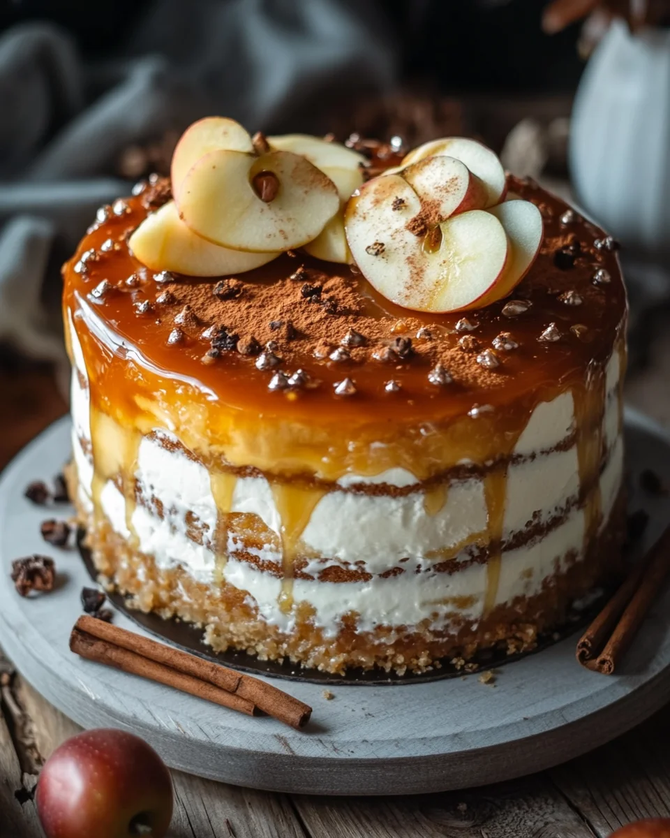 Bratapfeltorte mit Orangen-Zimt-Creme und Karamell-Drip