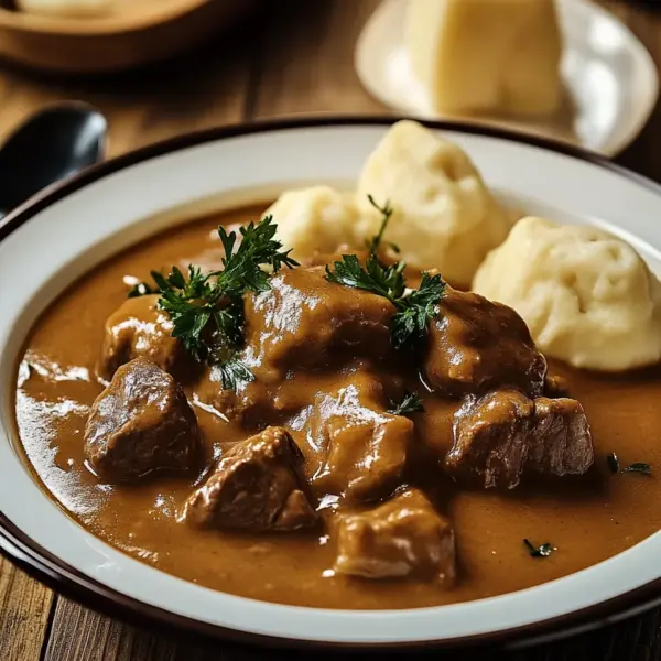 Butterzartes Rahmgulasch mit Serviettenknödel