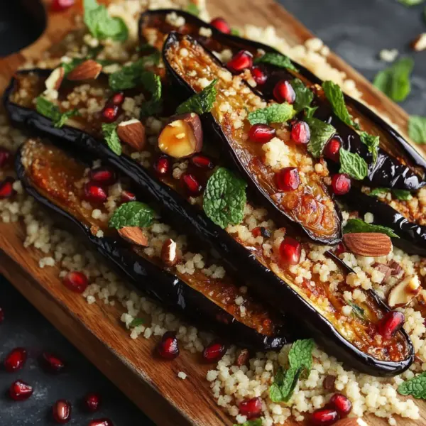 Auberginen mit Dattel-Mandel-Couscous und Minze