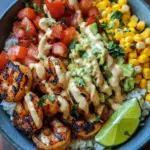 Gegrillte Garnelen Bowl mit Avocado Mais-Salsa & Cremiger Sauce