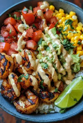 Gegrillte Garnelen Bowl mit Avocado Mais-Salsa & Cremiger Sauce