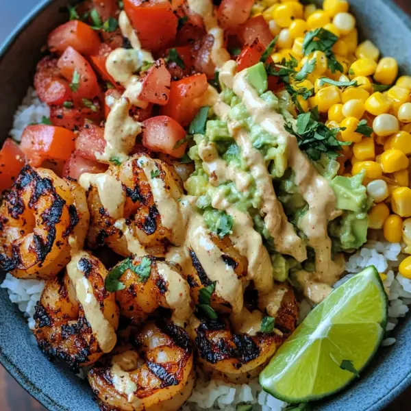 Gegrillte Garnelen Bowl mit Avocado Mais-Salsa & Cremiger Sauce