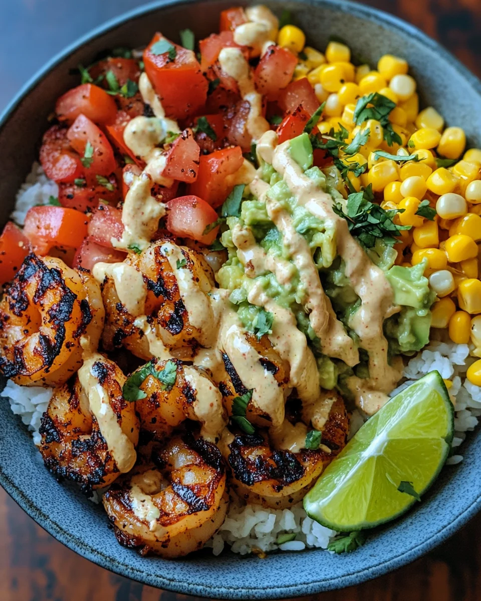 Gegrillte Garnelen Bowl mit Avocado Mais-Salsa & Cremiger Sauce