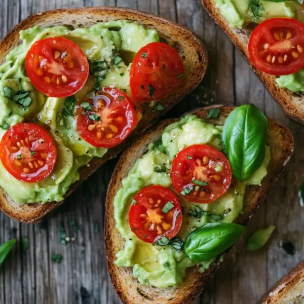 Geröstetes Brot mit Avocadobutter und Tomatensalat