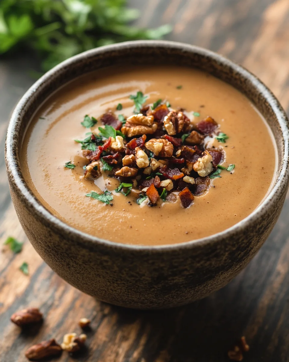 Maronensuppe mit karamellisierten Nüssen und Speck